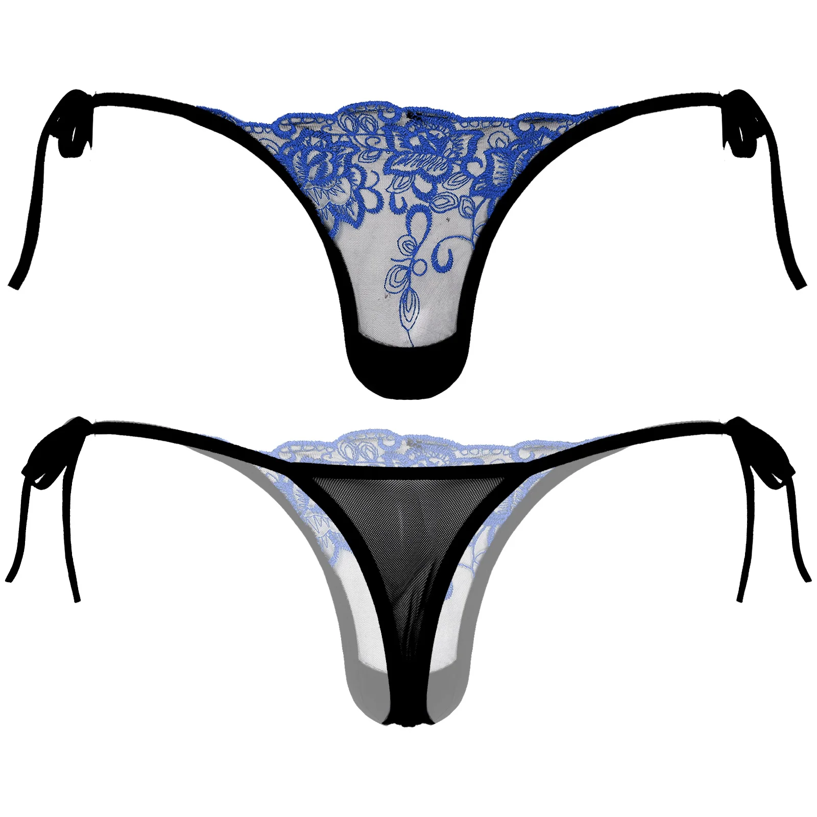 Men's Panties See-through Mesh Thongs Low Waist Lace-up G-string Sissy Briefs Underpants T-back Gay Underwear Embroidered Thongs