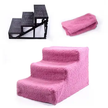 

3 Steps Pink Pet Dog Stairs Foldable Portable Easy Step Lightweight Pets Ladders for Small Dogs Cats Lambskin Tall Beds CW004