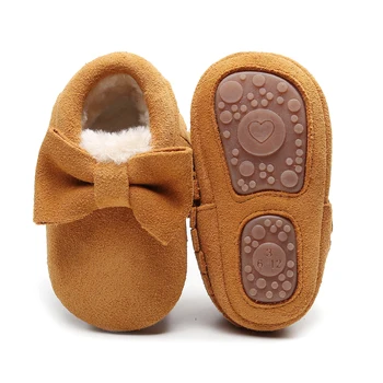 

Genuine Leather Fringe Baby Shoes Winter Warm Suede Infant Toddler Moccasins Bow Hard Rubber Sole Prewalker Warm Shoes