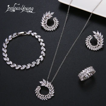 4 Pcs Leaf Shape Fashion CZ Necklace Earring Bracelet and Ring Sets Brand Zirconia Silver Color Jewelry Sets Women Accessories