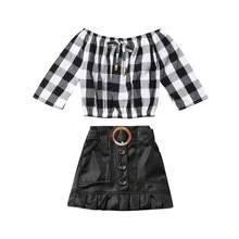 2-7Y комплекты одежды для маленьких девочек, одежда клетчатые футболки с длинными рукавами Топы+ черные кожаные юбки трапециевидной формы