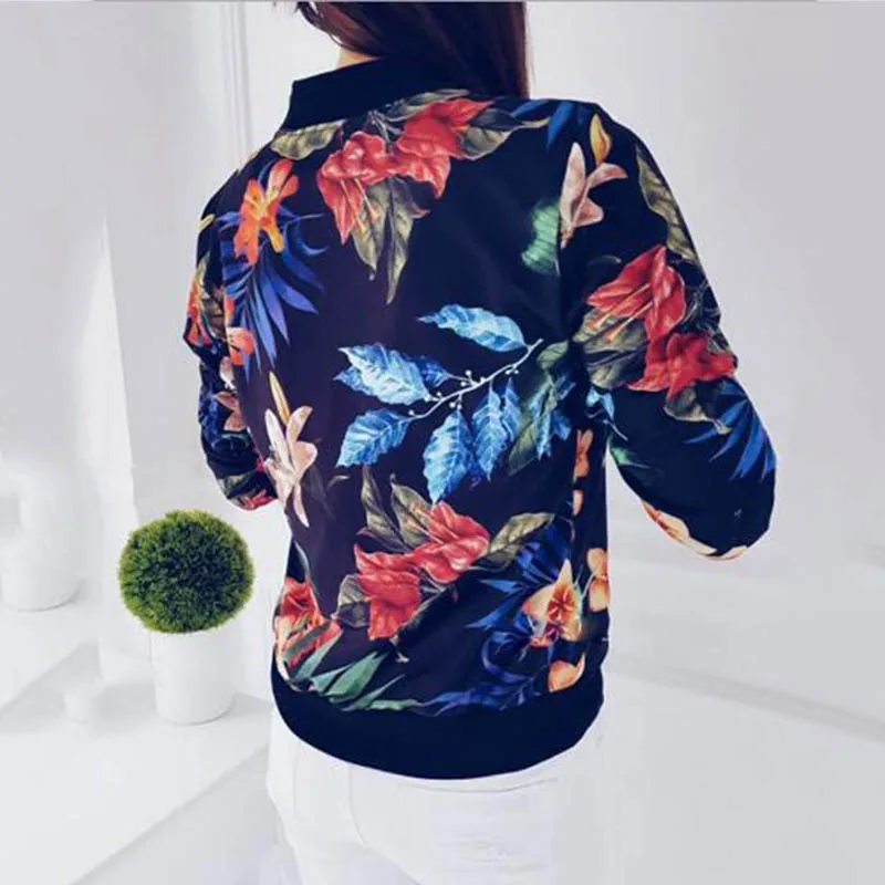 Ideal Jacket Women Flower Floral Printed Zipper Up Thin Bomber Jacket Retro Coats New Autumn Basic Casual