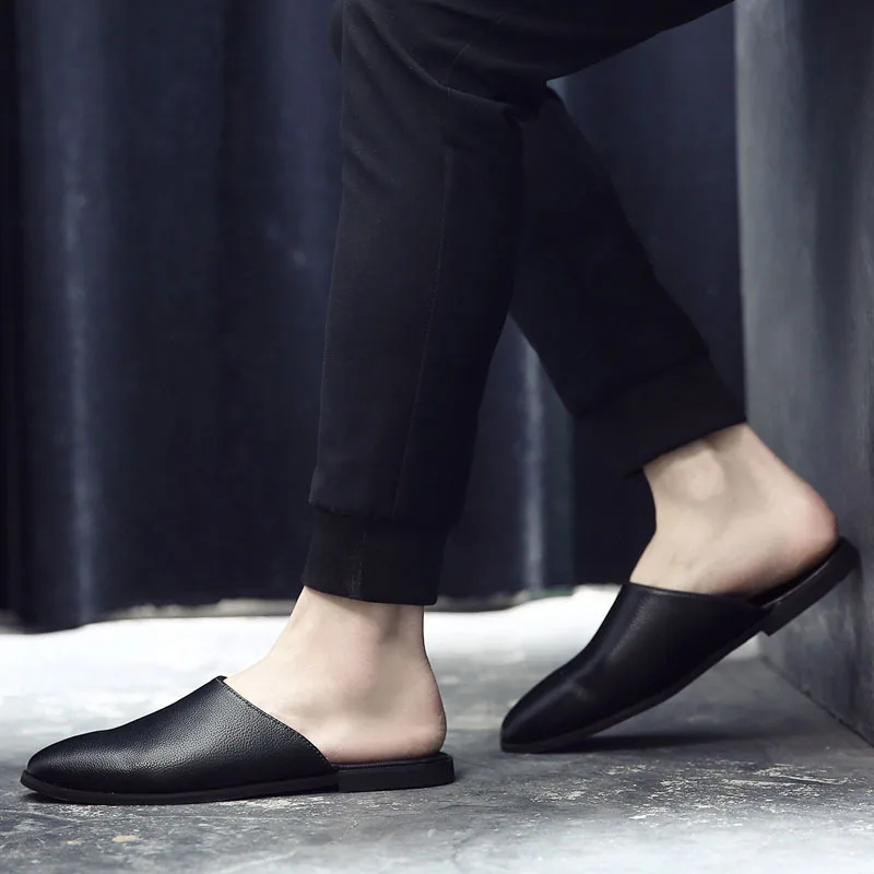 

Slipper Men's Summer chao tuo Slip-on Lazy Semi-Slipper Closed-toe No Heel Leather Slippers England MEN'S Sandals Casual