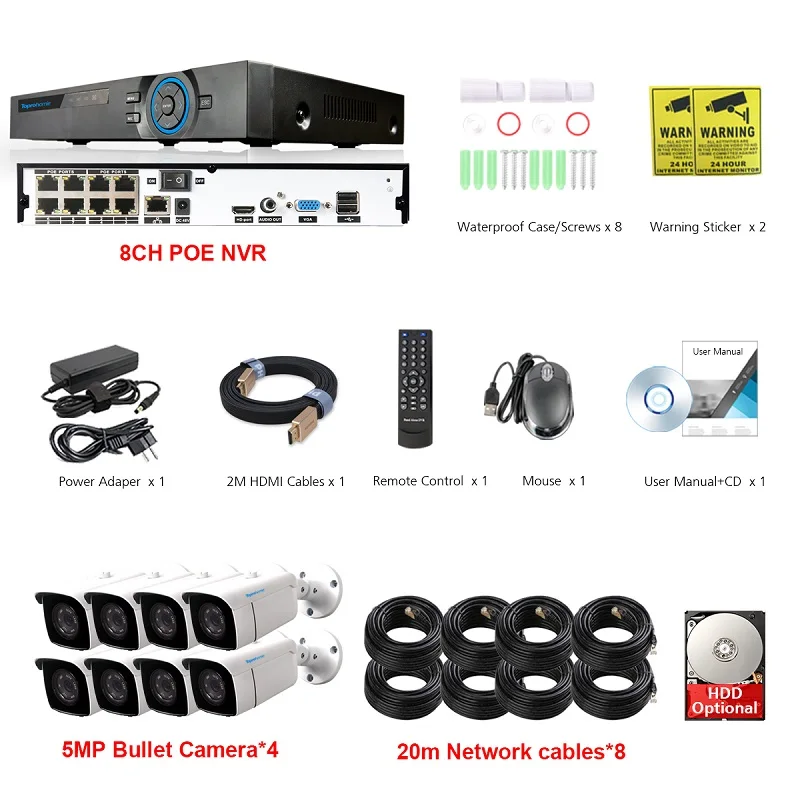 8 Camera with Cables TOPROHOMIE H.265+ 8CH POE NVR система 48 В 5MP ночного видения аудио запись Водонепроницаемая ip-камера комплект 8CH камера видеонаблюдения - Цвет: 8 Camera with Cables