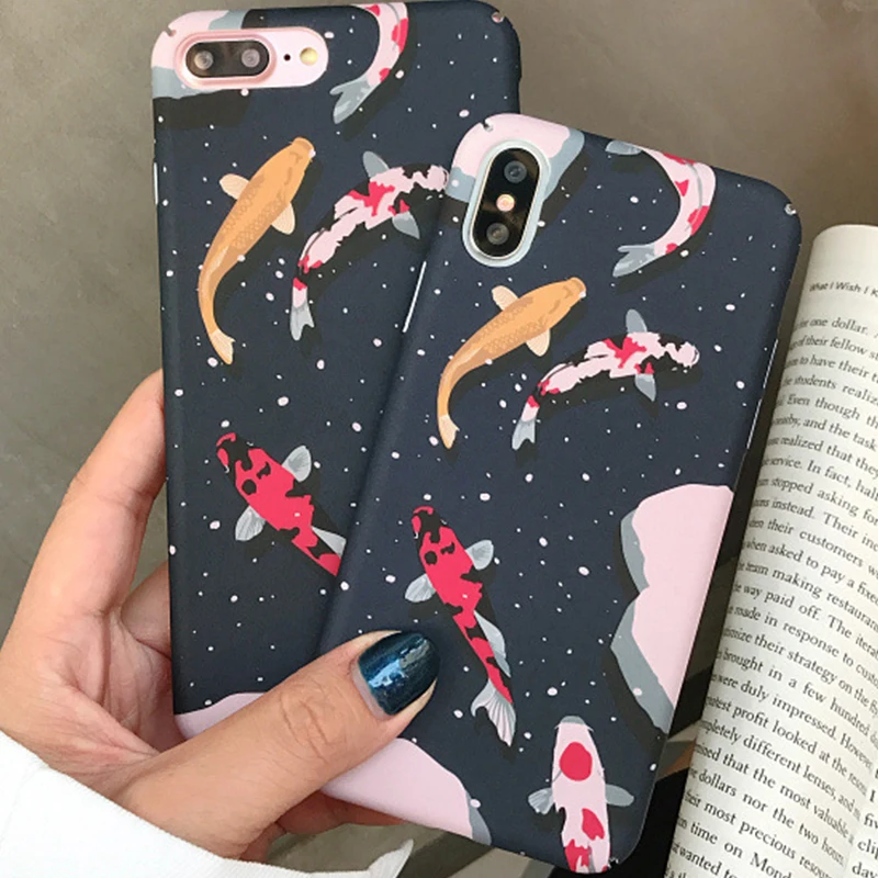 

Cartoon Lucky Fish Pattern Scrub Phone Case for iPhone 6 6s 7 8 Plus X Xs XR Xs Max Hard PC Back Cover