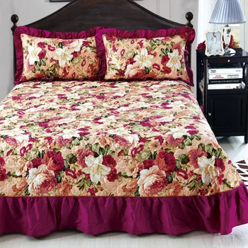 

Home Textile Bedspread Winter Quilted Bedspread Ruffles Pillowcase Cover Flower American Bedskirt 100% Cotton Quilted Bed Luxury