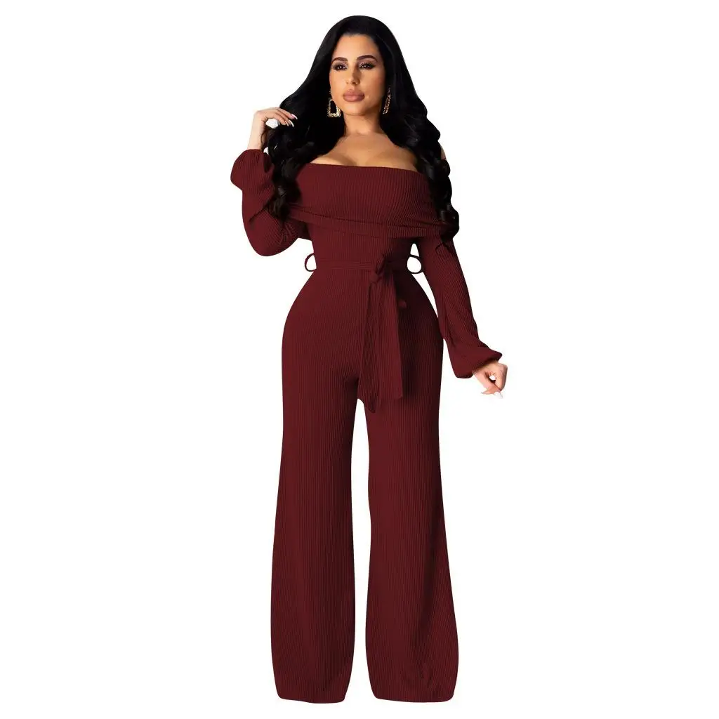

Wrap Belt Long Sleeve Off Shoulder Romper Women Bodycon Chic Wide Leg Jumpsuit Plus Size Sexy Club Spring Jumpsuit