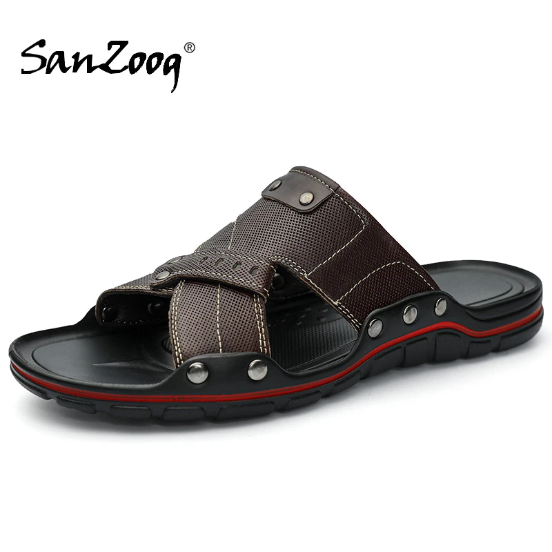 

Leather Slides Slippers Men Summer Fashion Casual Slip On Shoes Flat 2024 New Arrival Big Size 47 48 49