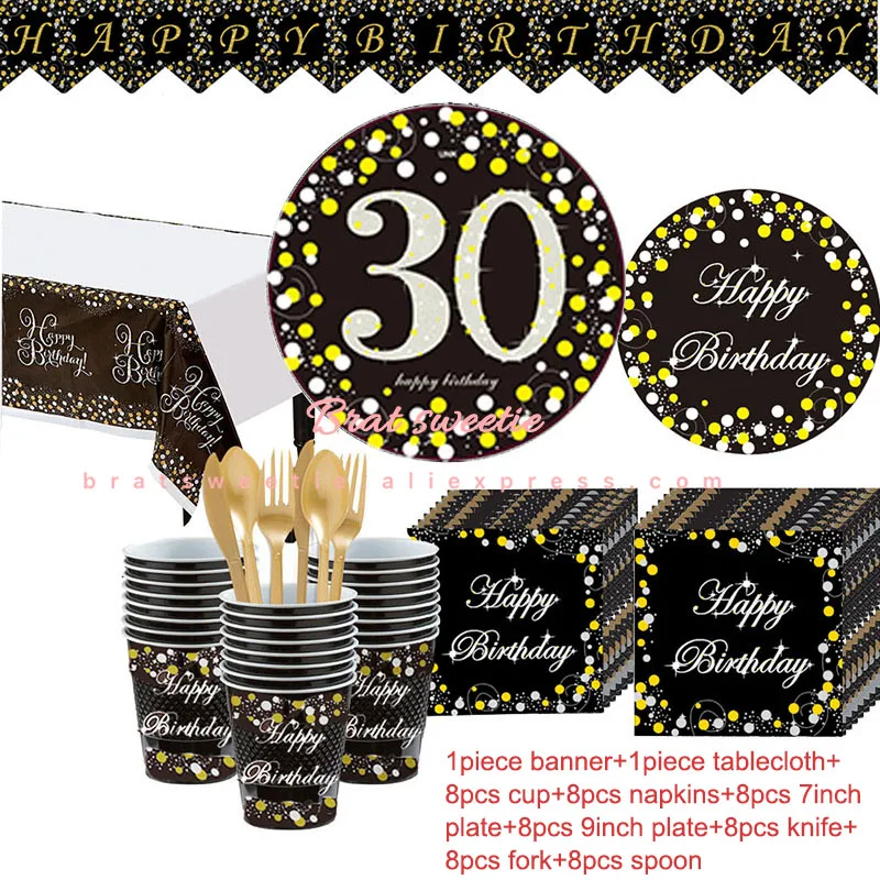 30-й день рождения украшение 30 золотых и черных цифр фольга шарики в виде бутылок шампанского вина балон для взрослых день рождения поставки - Цвет: gold 30 tableware