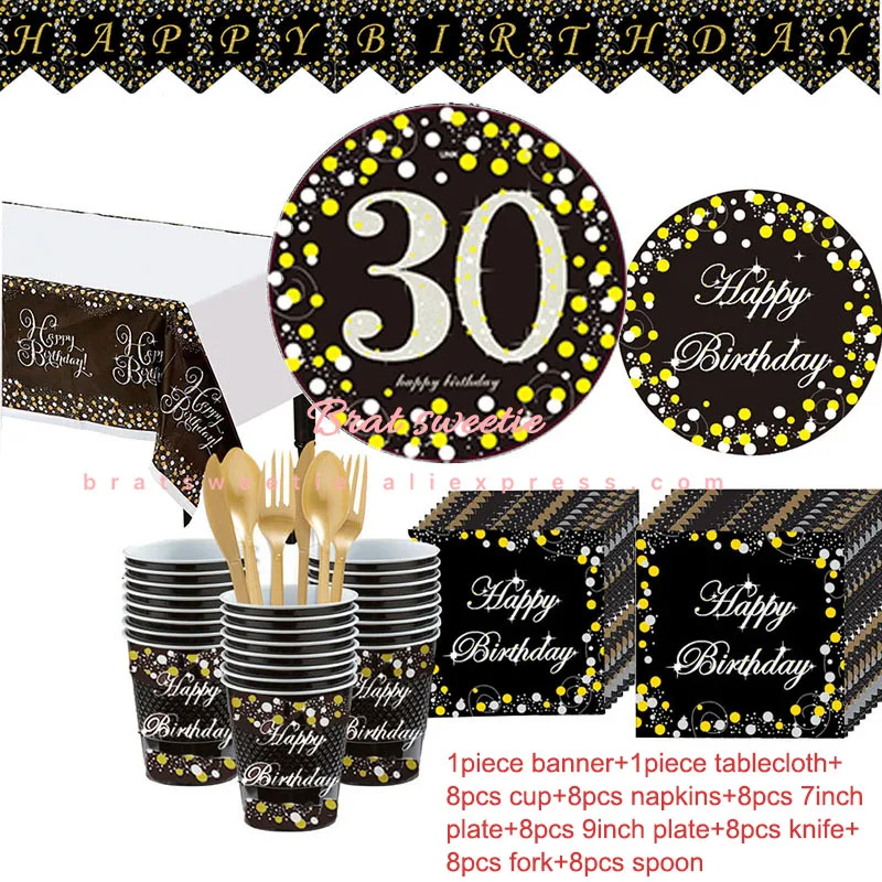 gold 30 tableware 30-й день рождения украшение 30 золотых и черных цифр фольга шарики в виде бутылок шампанского вина балон для взрослых день рождения поставки - Цвет: gold 30 tableware