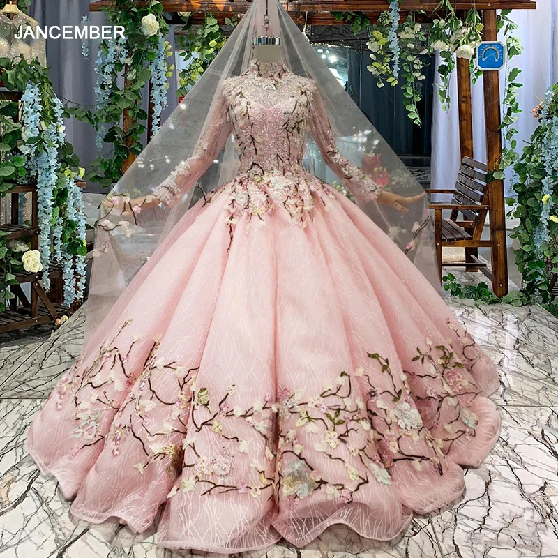 LS169901 1 gonfio rosa abiti da sposa con velo da sposa fiori di alta del  collo del merletto up di lusso musulmano abito da sposa 2020 di nuovo  modo|Wedding Dresses| - AliExpress