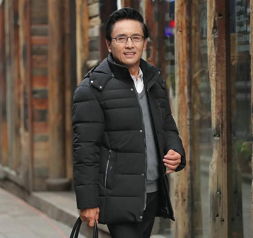 

Winter Men Puffer Jacket With Hood Outerwear Father Hooded Puff Parkas Aged Man Warm Quilted Overcoat Thermal Wadded Basic Coat