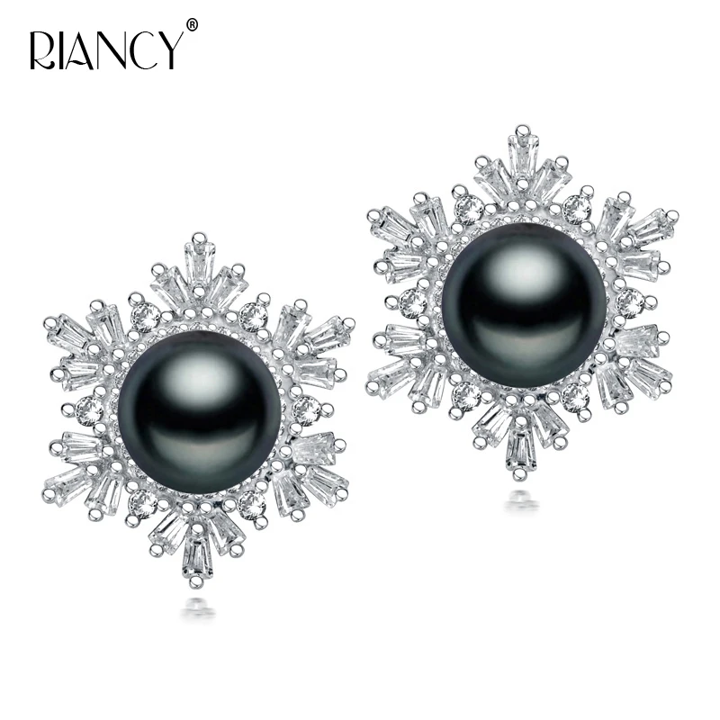 

Wedding Black Natural Freshwater Pearl Earrings For Women Snowflake 925 Silver Earring Birthday Gift