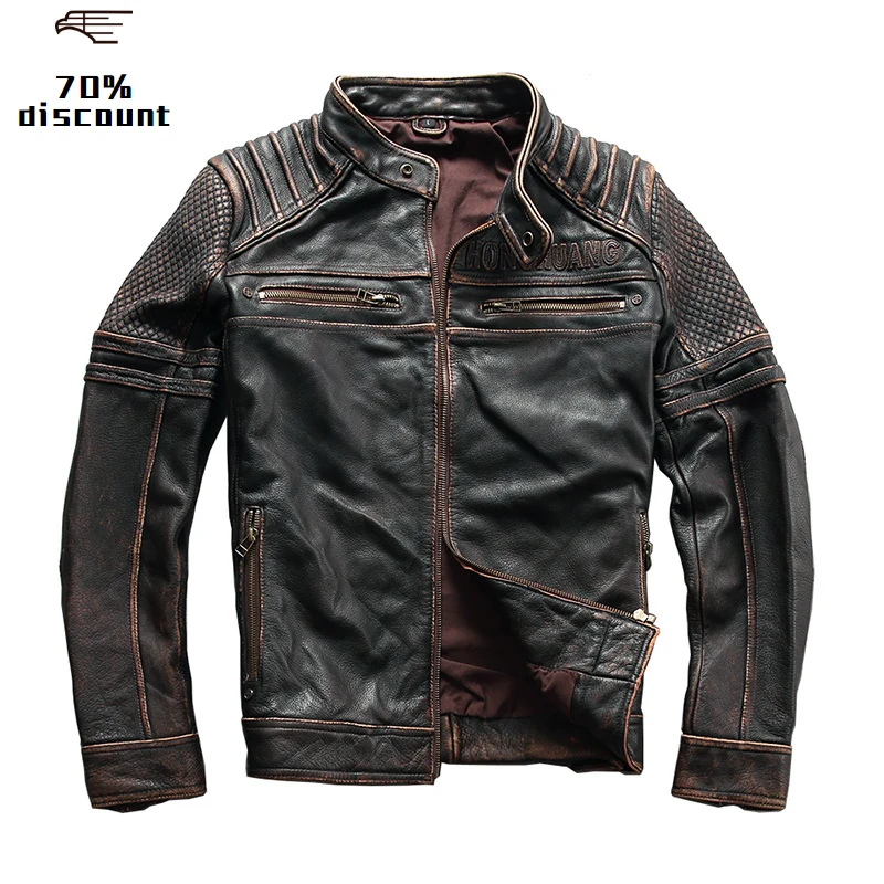 

2020 Vintage Brown Men Slim Fit Biker's Leather Jacket Plus Size XXXL Genuine Cowhide Spring Short Motorcycle Leather Coat