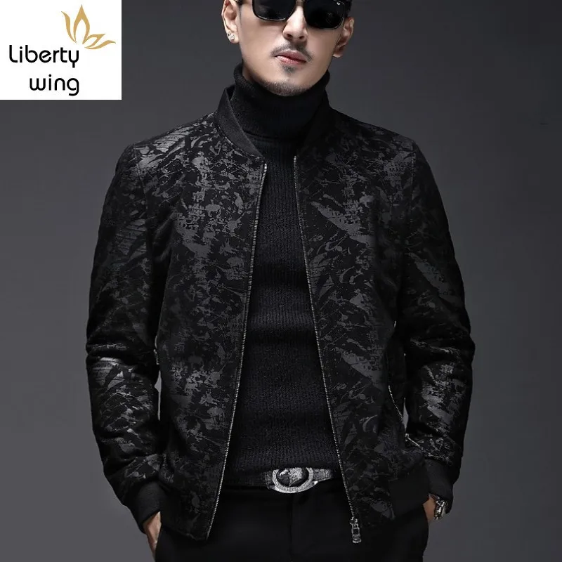 

Top Brand Mens Slim Fit Floral Printed Genuine Leather Bomber Jacket Business Man Casual Stand Collar Luxury Sheepskin Coat 4XL