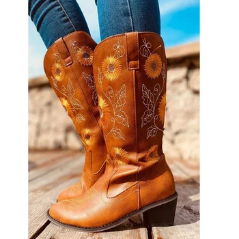 

Mid-calf Chunky Wedges Boot Western Cowboy Boots for Women Pointed Toe Women Shoes Brand Embossing Suede Leather PU Shoes D30