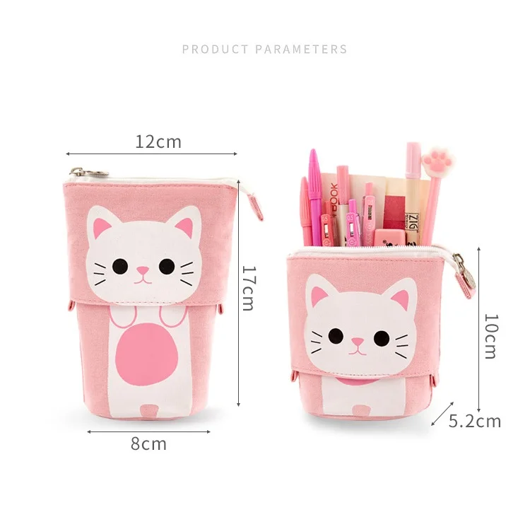 Angoo [Fun] Pen Pencil Bag Case, Cartoon Cute Cat Bear Sheep Canvas Fold Standing Holder Stationery Organizer Kids Gift A6445