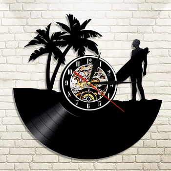 

Summer Time ALoha State Hawaii Surfing Vinyl Record Wall Clock Modern Tropical Beach Palm Tree Surfing Sport Lover Gift