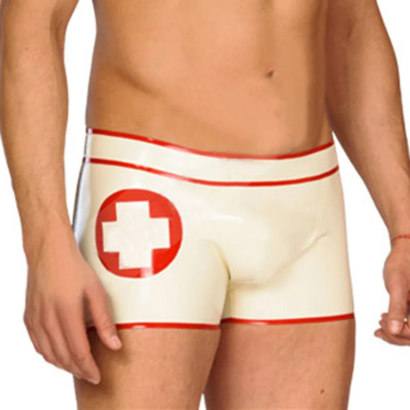 Handmade uniform male latex rubber boxer shorts with cross trims panties RPM115