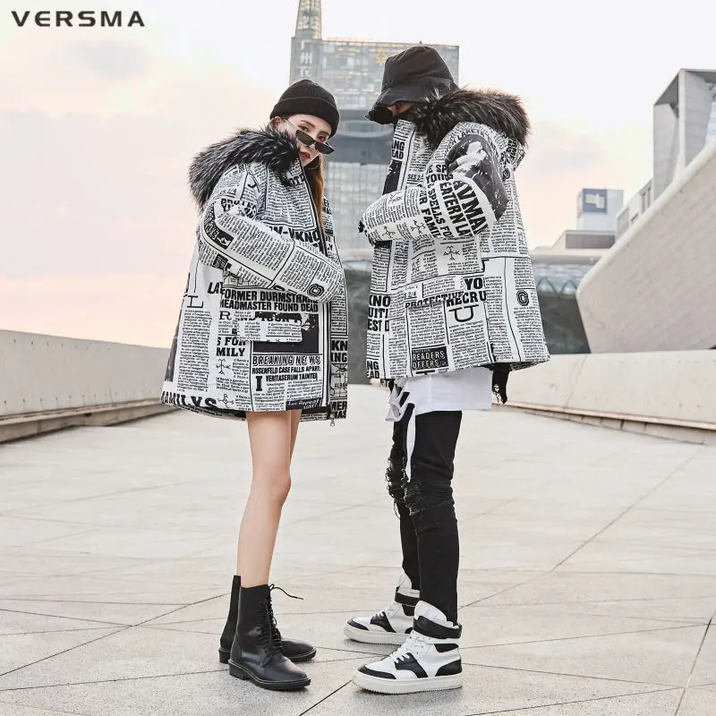 VERSMA корейский стиль одежда для мужчин газета печатных зимняя куртка пальто Мужская меховая парка хип-хоп русская Молодежная зимняя куртка s пальто