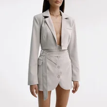 Ensemble Blazer et jupe deux pièces pour femmes, veste simple boutonnage à manches longues et col crissé, boutons de ceinture, jupes courtes, costumes pour dames 