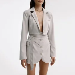Mulheres blazer saia de duas peças conjunto completo manga gola entalhada único breasted jaqueta e botões cinto saias curtas ternos senhoras