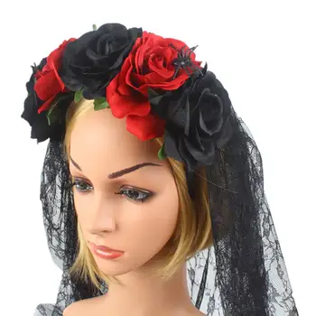 

Hair Accessories With Rose Floral Crown Black Lace Veil For Halloween Festive Costume Party Headband For Party Props Decorations