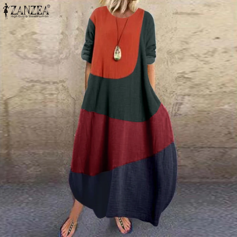 Размера плюс ZANZEA осеннее платье женское повседневное хлопковое длинное платье с длинным рукавом в стиле пэчворк Vestidos Женская Туника халат кафтан