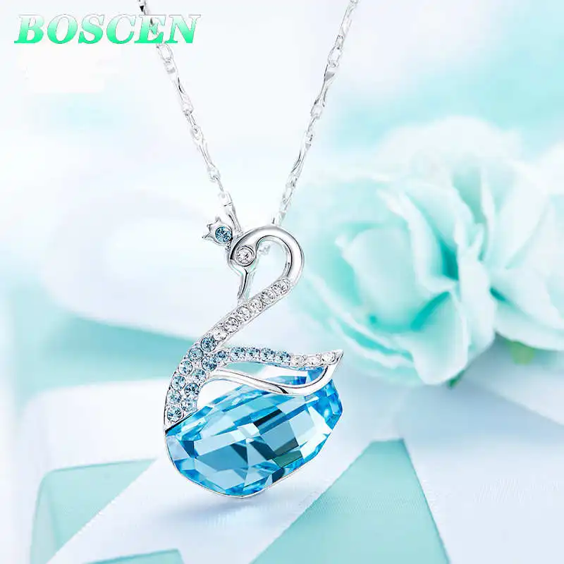 Blue Small size BOSCEN 925 пробы Серебряное ожерелье с подвеской для женщин подарок на день Святого Валентина Лебедь украшенный кристаллами Swarovski - Цвет камня: Blue Small size