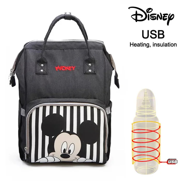 Серый Сумка для подгузников disney, USB, Микки, красная, водонепроницаемая/для ухода за ребенком/Сумка для мам, рюкзак для беременных, большая сумка для подгузников, полосатый бант, точка, улыбка - Цвет: Серый
