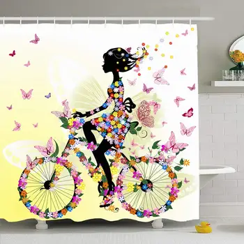 

Shower Curtain Set with Hooks 72x72 Girl On Bicycle Romantic Cute Drawing Isolated Transportation Spring People Butterfly Cycle