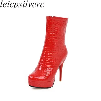 

Women's Boots Autumn Winter Super High Heel Warm Round Toe Zip Pu Platform Ankle Thin Heel 2019 Basic New Sexy Fashion White Red