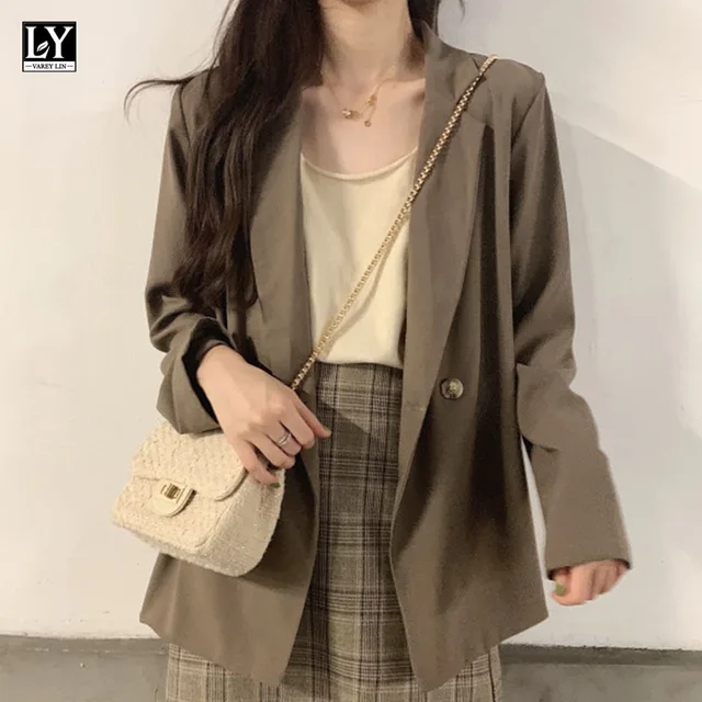 LY VAREY LIN New Autumn Women Casual Solid Suit Jackets Notched Collar Long Sleeve Loose Outerwear Ladies Button Blazers 1