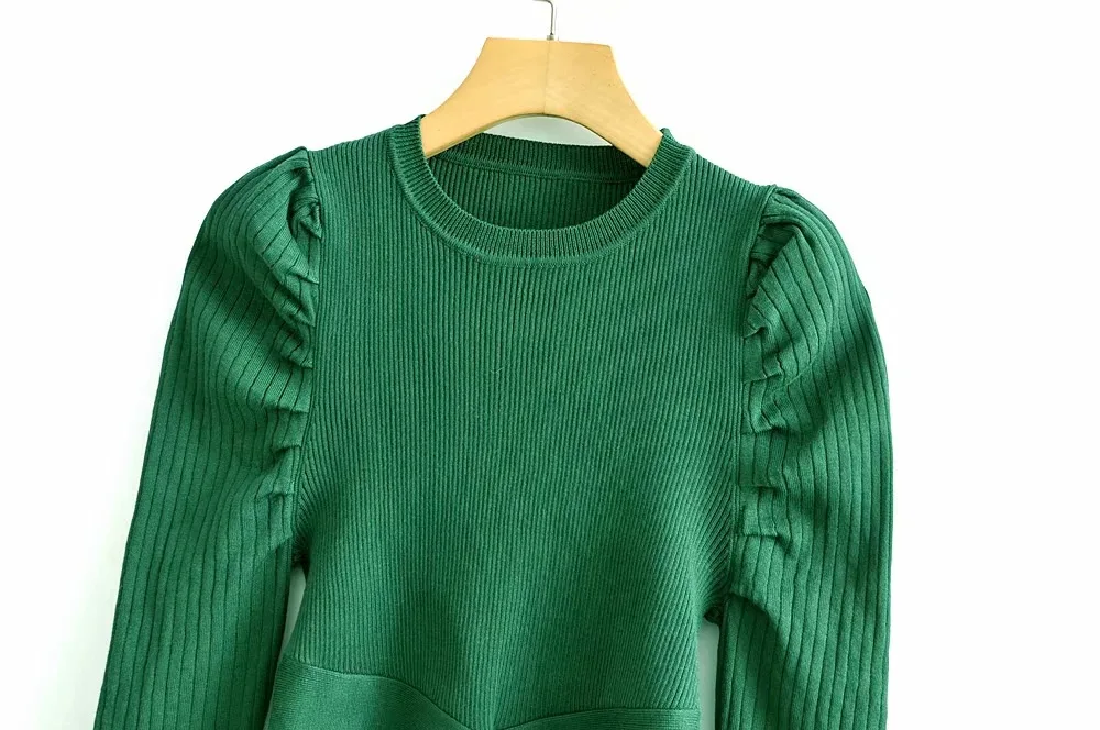 Женщины Slim Fit Crop трикотажные с длинным слоеным рукавом свитер рубашка в зеленом