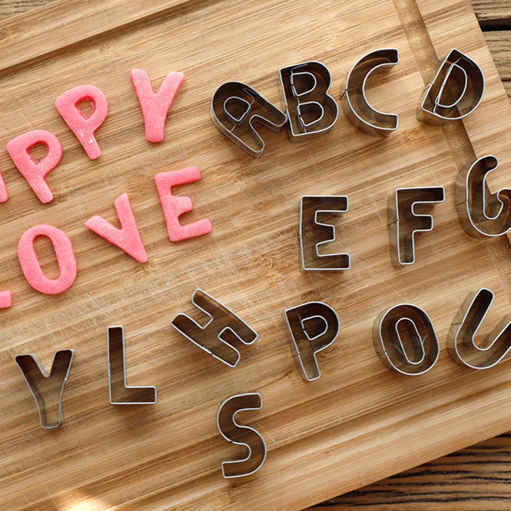 26pcs Kitchen Cookie Cutters Baking Candy Alphabet Letter Gadgets Fondant Mold Stainless Steel Decorating Tools Embosser Biscuit