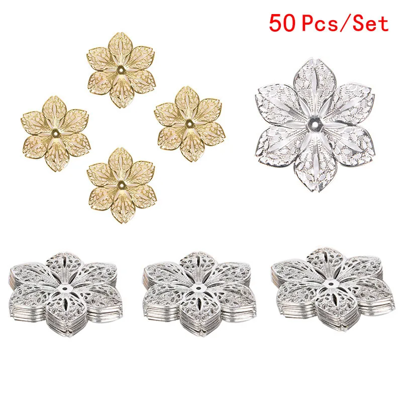 50Pcs/Set Filigree Flower Crafts Charms Silver Gold Color Connectors DIY Pendant Jewelry Findings Charm Pendant DIY Jewelry Acc