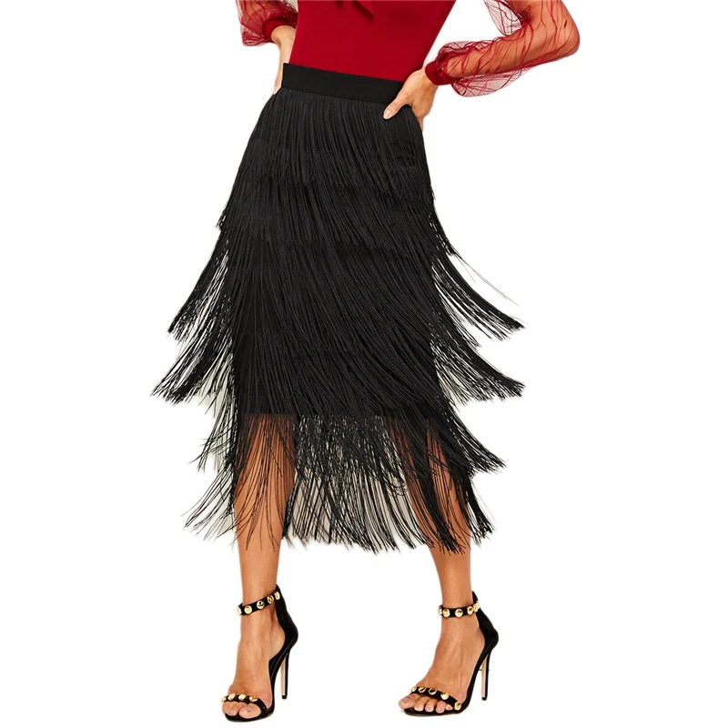 COLROVIE/черная многослойная юбка-карандаш с бахромой для женщин, летняя женская Юбка-миди с высокой талией, облегающая Гламурная Однотонная юбка