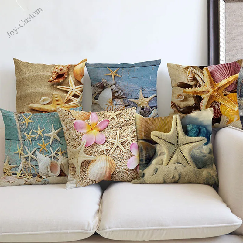 The Sea Beach Starfish Shell Conch Pattern Linen Throw Pillow Case Summer Blue Marine life Home Sofa Decoration cushion cover | Дом и сад