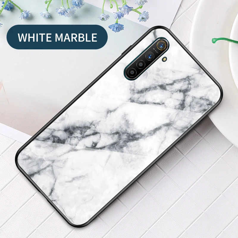 Высококачественный защитный чехол для Oppo Realme XT чехол Мрамор Глянцевая закаленное Стекло Мягкий Силиконовый противоударный жесткий чехол для телефона с рисунком в виде чехол для Oppo Realme X2 чехол 6,4 дюймов - Цвет: Белый
