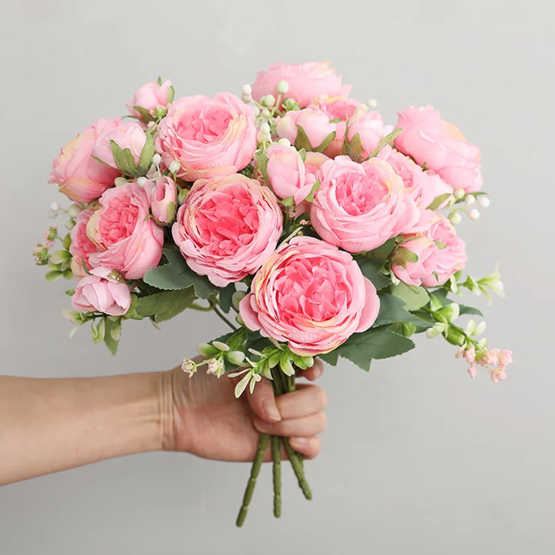 Artificial plants artificial flowers artificial rose petals artificial rose artificial tulip flower artificial flower bouquet artificial flower artificial leaves artificial branches 1pcs/30cm rose pink silk bouquet peony artificial flower 5 big head 4 small bud bride wedding home decoration