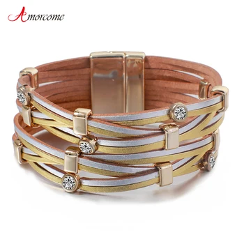 

Amorcome Bohemian Multilayer Leather Bracelets Unisex Rhinestone Crystal Charm Metal Cross Net Wrap Bracelet Femme Jewelry Gift