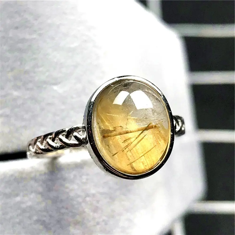 

Natural Gold Rutilated Quartz Ring Jewelry For Woman Man Clear Crystal 12x11mm Oval Beads Silver Stone Adjustable Ring AAAAA
