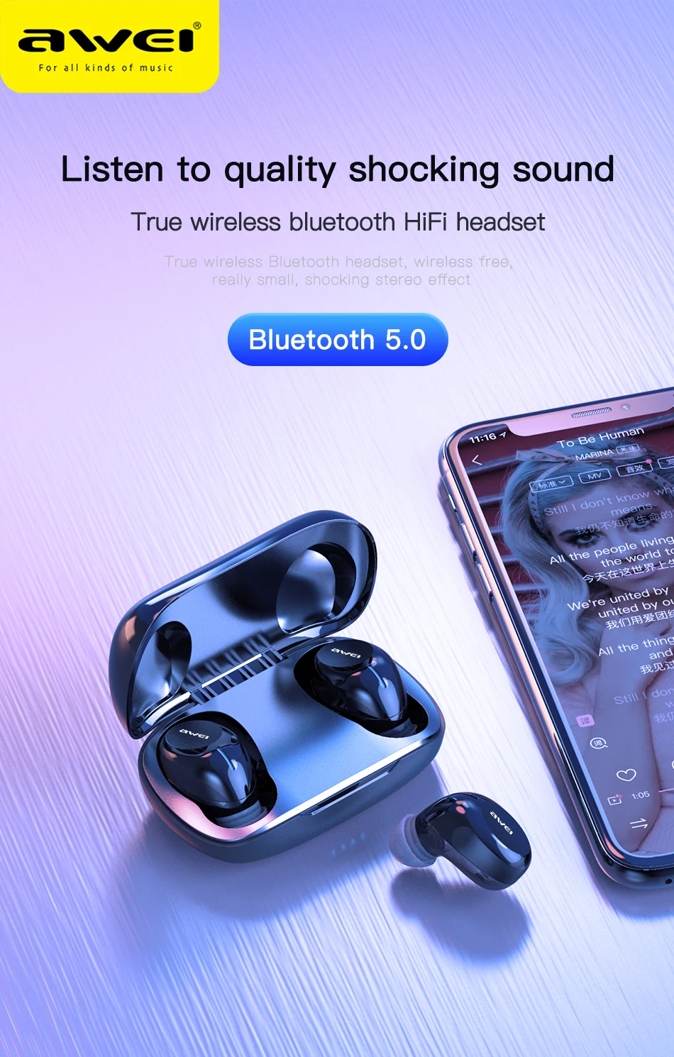 AWEI, недорогие TWS мини наушники-вкладыши, игровые Bluetooth 5,0, качественный звук, Hifi наушники с микрофоном, сенсорная беспроводная гарнитура