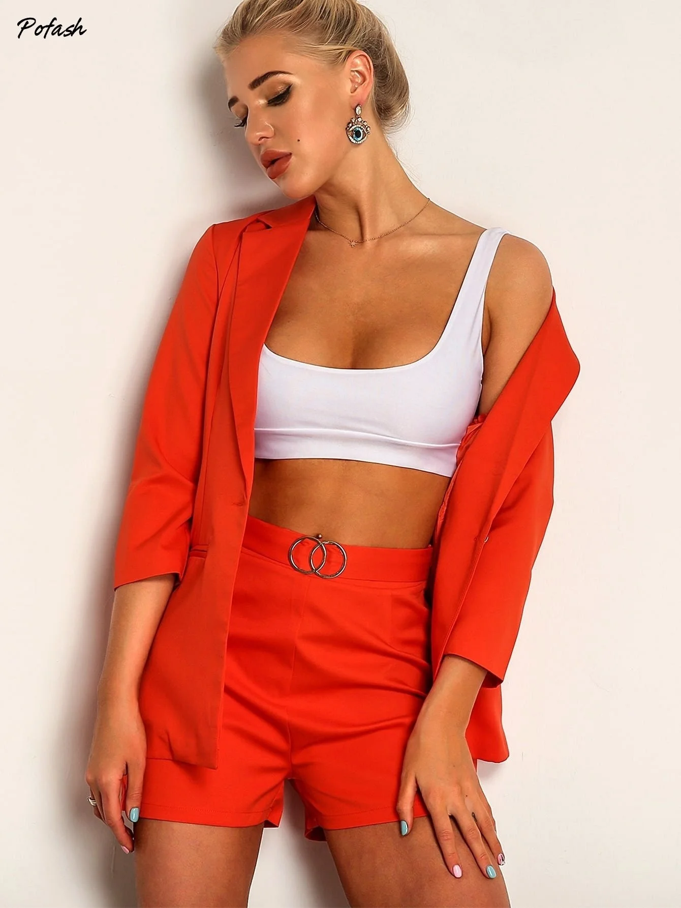 Joyfunear Neon Orange Single Button Blazer & Ring Detail Short Set Joyfunear Neon Orange Single Button Blazer & Ring Detail Short Set