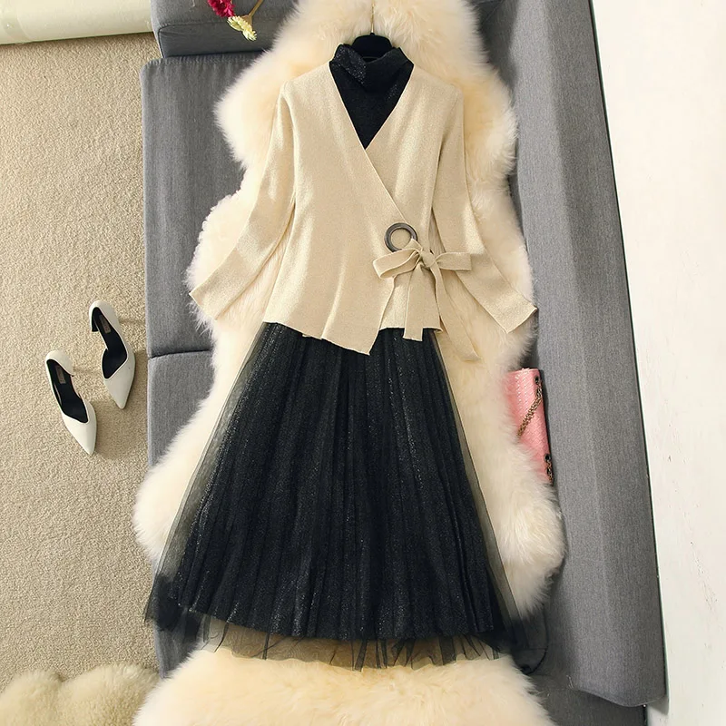 ALPHALMODA модный костюм платье осеннее платье тонкий свитер с длинными рукавами+ Сетчатое платье Элегантный комплект из 2 предметов