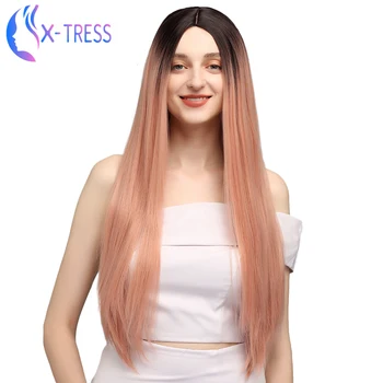 

Synthetic Highlight Pink Wigs For Women 28inch Long Straight X-TRESS Wig Cosplay Lolita Wig Heat Resistant Hair