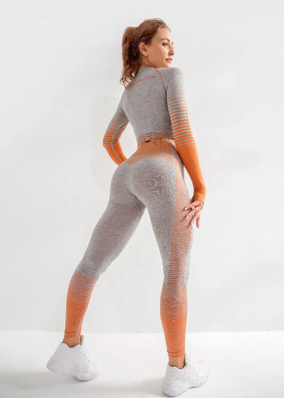 set orange GUTASHYE Женский комплект 2 шт., комплект для йоги, спортивная одежда для женщин, одежда для тренажерного зала, одежда для фитнеса, комплект для спортзала, спортивная одежда для женщин фитнес костюм женская одежда - Цвет: set orange
