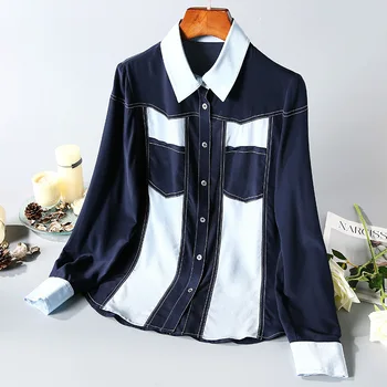 

Silk Blouse Women Fashion Stitching Contrast Color Turn Down Collar Long Sleeved 2020 Spring And Summer Boutique Women Wear S-XL