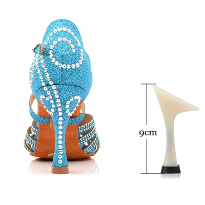 Blue 9cm New Flash Gold Latin Dance Shoes Ladies High Heel Rhinestone Dance Shoes Indoor Soft Bottom Performance Ballroom Girls Party - Цвет: Blue 9cm