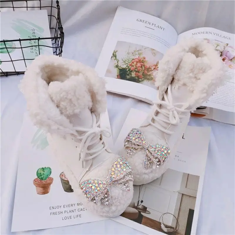 Bling классический теплый плюш зимние ботинки Для женщин, без шнуровки, женская обувь на платформе толстая подошва блеск пинетки Mujer